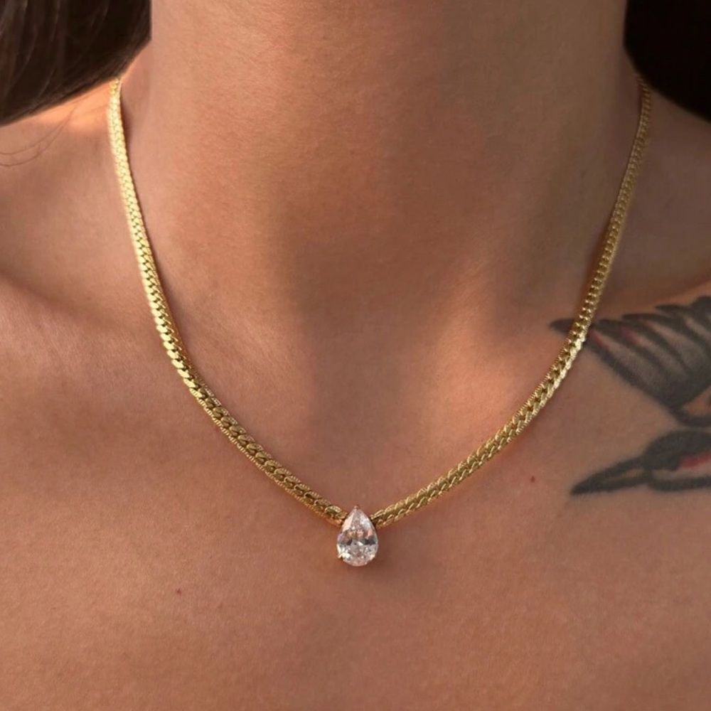 Anthropologie Gold Chain Necklace with Clear Teardrop Pendant